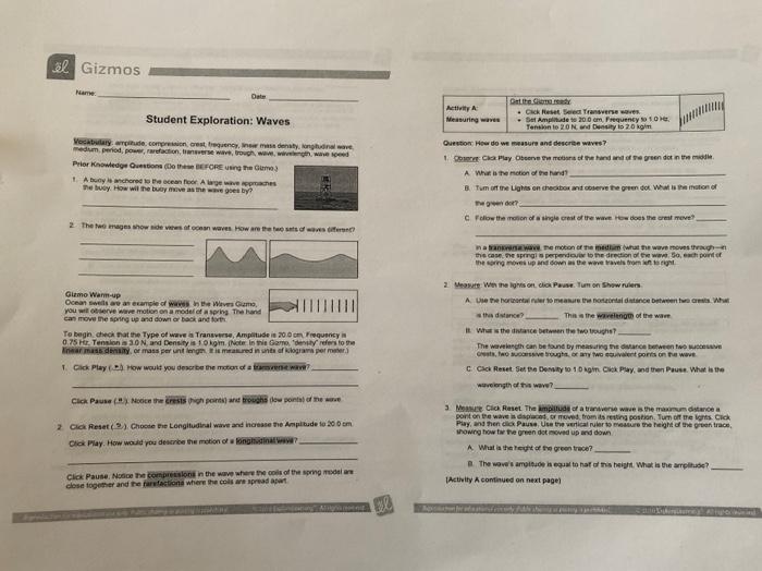 Student exploration waves answer sheet